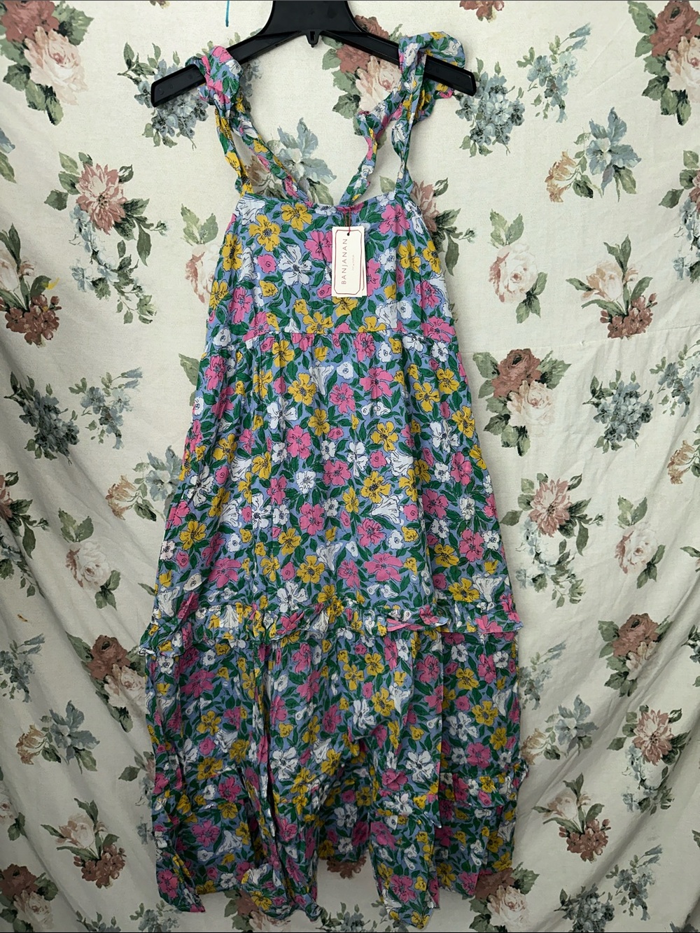 Banjanan Teal Floral Tie-Shoulder Maxi Dress with Pink & Yellow Flowers